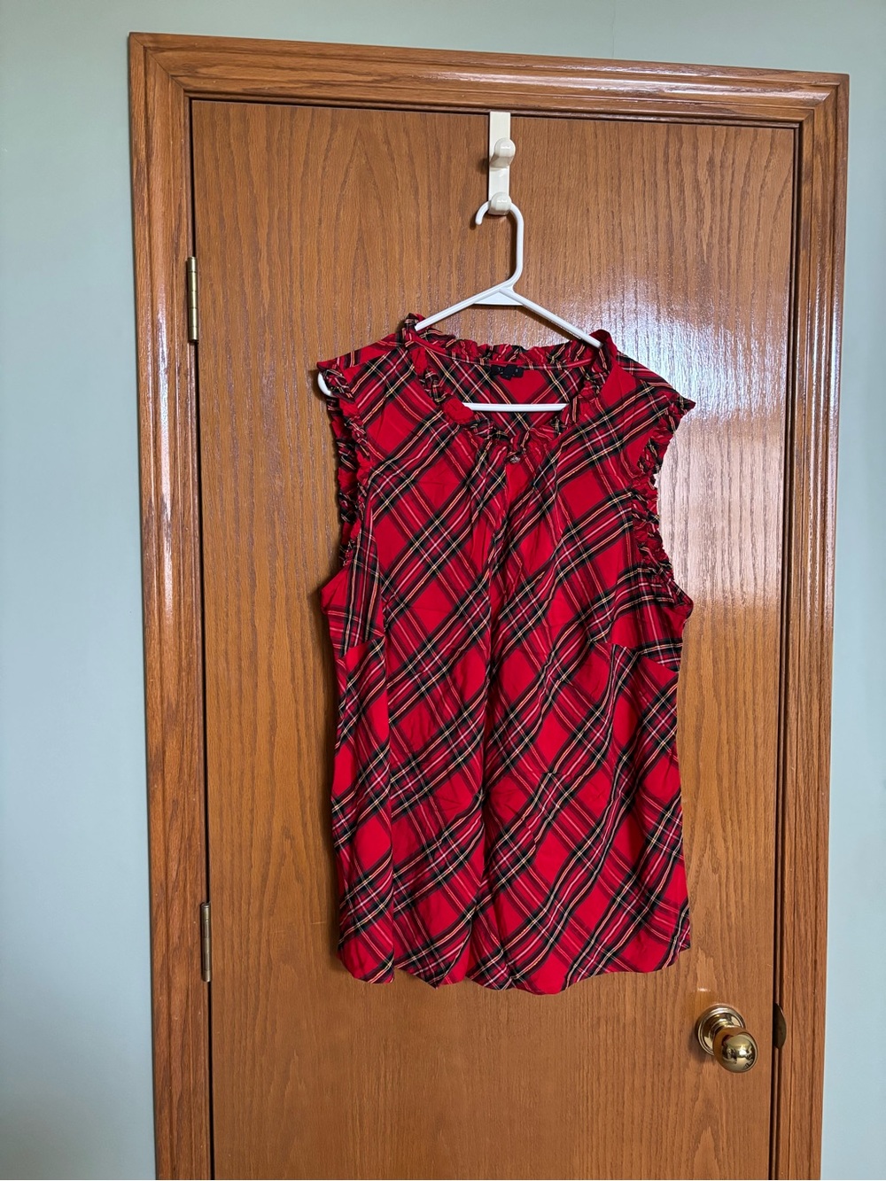 Talbots Red Plaid Sleeveless Ruffle Neck Blouse